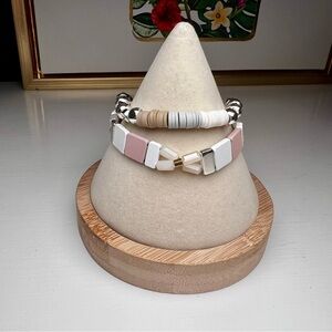 Ermish Elegant Pink White Silver Beaded 2 Bracelet Stack Modern Minimal Pastel